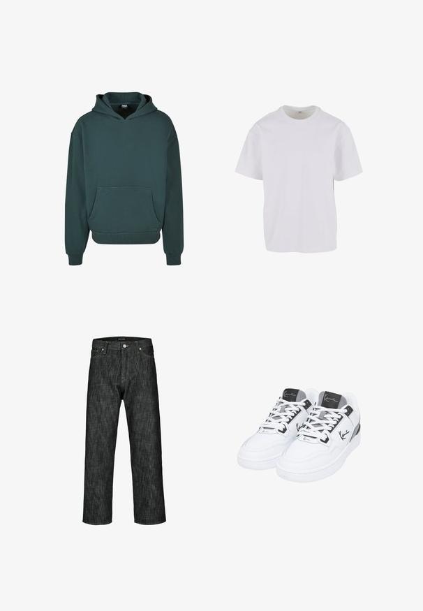 Grüne Kapuzenjacke aus weichem Material, mit einer Kängurutasche, entspannter Passform, gerippten Bündchen und Saum sowie einer doppellagigen Kapuze.; Weißes kurzärmeliges T-Shirt aus weicher Baumwolle, mit rundem Ausschnitt und lockerer Passform sowie geradem Saum. Keine Muster oder Akzente sichtbar.; Dunkle Jeans aus Denim mit einem geraden Bein, kontrastierenden Nähten, einer vorderen Tasche und einem Knopfverschluss am Bund.; Weiße Sportschuhe mit einem glatten Lederobermaterial, grauen Akzenten an der Zunge und Ferse sowie einem schwarzen Logodetail an der Seite.