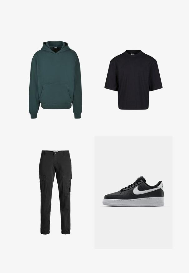 Grøn hættetrøje lavet af blødt stof, med en kengurulomme, afslappet pasform, ribbede håndled og kant, samt en dobbeltlaget hætte.; Sort bomulds t-shirt med rund halsudskæring, korte ærmer og en oversized pasform. Glat tekstur og minimalistisk design. Ingen synlige logoer.; Sorte cargo bukser med en tapered design, der har flere sidelommer, elastiske manchetter og en robust stofstruktur.; Sort lædersneaker med tekstureret overflade, hvid Nike swoosh, grå sål, rund tå og snørebåndsdesign. Har perforeringer på tåboksen.