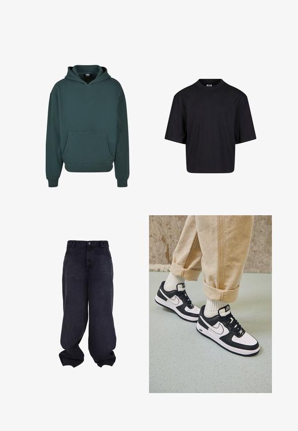 Groene hoodie van zacht materiaal, met een kangoeroezak, een relaxte pasvorm, ribgebreide manchetten en onderrand, en een dubbel gelaagde capuchon.; Zwarte katoen t-shirt met een ronde halslijn, korte mouwen en een oversized pasvorm. Soepele textuur en minimalistisch ontwerp. Geen zichtbare logo's.; Zwarte oversized baggy jeans met knoop- en ritssluiting aan de voorkant, voorzakken en losse, brede pijpen.; Zwart-witte Nike Air Force 1 sneakers met een leren bovenwerk, geperforeerde neus en gestructureerde zooldetails, gedragen met opgerolde beige broek en witte sokken.