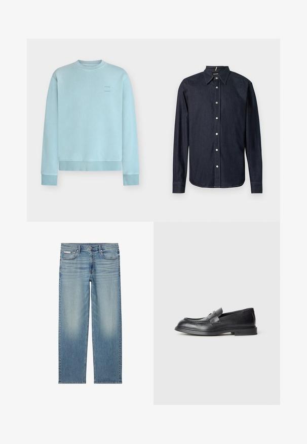 Sweatshirt bleu clair à col rond avec poignets et ourlet côtelés, avec un petit texte discret sur la partie supérieure de la poitrine.; Chemise en denim bleu foncé à manches longues avec col pointu et boutons-pression argentés sur le devant, avec surpiqûres contrastantes.; Jean droit en denim bleu clair avec détails délavés, bouton et fermeture éclair devant, et design à cinq poches incluant une petite étiquette Calvin Klein sur la poche.; Mocassins en cuir noir avec une finition texturée, dotés d'une bride décorative à l'avant et d'un bout arrondi. Semelle en caoutchouc pour plus de durabilité.