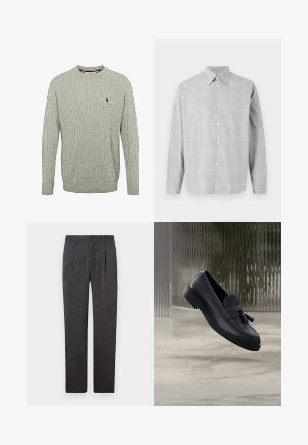 Lys grå strikket sweater med kabelmønster, rund halsudskæring og ribbede ærmer. Broderet logo på venstre bryst.; Grå langærmet skjorte med et let ternet mønster, knap-Front design, spids krave og glat stoftekstur.; Grå skræddersyede bukser med lige ben, der har en frontfold, lynlås og knaplukning. Glat tekstur, klassisk design.; Sorte læderloafers med en glat tekstur, en rundet tå og dekorative kvaster foran. Fleksibel gummisål med lav hæl.