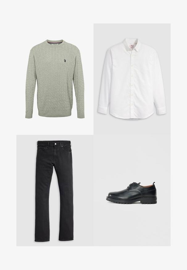 Lys grå strikket sweater med kabelmønster, rund halsudskæring og ribbede ærmer. Broderet logo på venstre bryst.; Hvid skjorte med knapper, lavet af bomuld, med lange ærmer, krave og en buet kant. Har gule knapper og diskret branding.; Sorte denimjeans med et lige snit, to forlommer og en linning med knap- og lynlåslukning. Glat tekstur, ingen mønstre.; Sorte læder derby-sko med en glat overflade, rund tå, snøre-design og en tyk, robust gummisål.