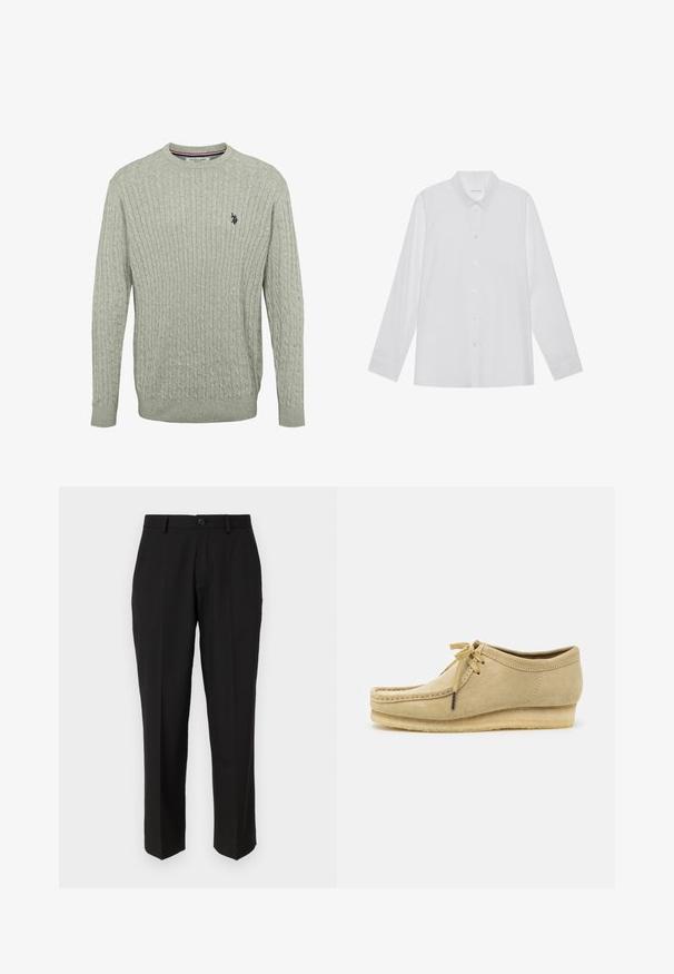 Lys grå strikket sweater med kabelmønster, rund halsudskæring og ribbede ærmer. Broderet logo på venstre bryst.; Hvid langærmet skjorte lavet af glat stof, med spidse krave, frontknaplukning og enknapsmanchetter.; Sorte bukser lavet af glat stof, med lige ben design, forlommer, en enkelt knaplukning, og uden synlige mønstre.; Beige suedestøvle med snørebåndsdesign, syede detaljer og gummisål. Formen er afslappet med en let hæl.