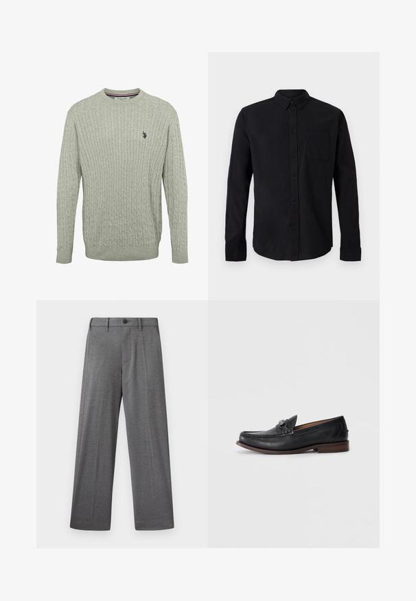 Lys grå strikket sweater med kabelmønster, rund halsudskæring og ribbede ærmer. Broderet logo på venstre bryst.; Sort langærmet skjorte med knapper, knappet krave og en enkelt brystlomme på en ensartet lys baggrund.; Grå bukser med vide ben i struktureret stof med knappelukning, sidelommer og skarpe pressede folder langs benene.; Sorte læder loafers med rund tå, dekorativ hardware på forsiden og en kontrasterende brun sål. Glat tekstur og slip-on design.