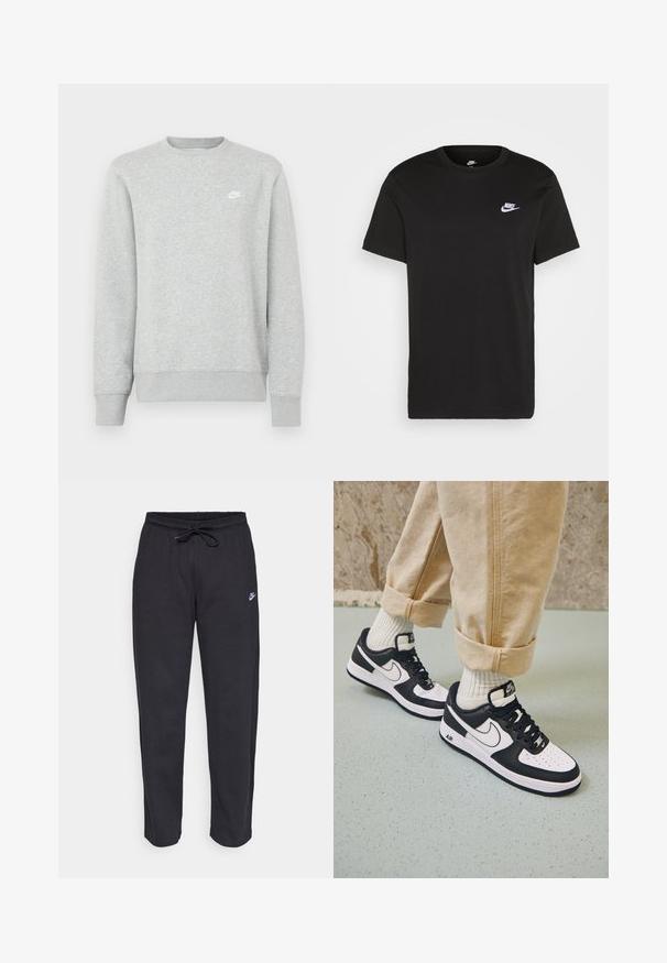 Grå sweatshirt lavet af blødt fleece-materiale, med ribstrikkede manchetter og kant, samt et lille hvidt Nike-logo på brystet.; Sort bomuld T-shirt med korte ærmer, rund hals og et lille hvidt Nike-logo på den øverste venstre bryst. Glat tekstur. Klassisk pasform.; Sorte sweatpants lavet af blødt stof med elastisk talje, snøre og et lille Nike-logo på venstre lår.; Sorte og hvide Nike Air Force 1 sneakers med læderoverdel, perforeret tå og tekstureret såldetalje, båret med rullede beige bukser og hvide sokker.