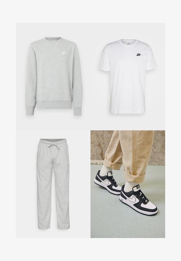 Grijze sweatvest gemaakt van zacht fleece materiaal, met geribde manchetten en zoom, en een klein wit Nike-logo op de borst.; Witte katoenen t-shirt met ronde hals, korte mouwen en een zwart Nike-logo op de linkerkant van de borst. Eenvoudig, effen kleur ontwerp.; Lichtgrijze sweatpants van zachte stof. Heeft een elastische tailleband met trekkoord en een zwart Nike-logo op de linker bovenbeen.; Zwart-witte Nike Air Force 1 sneakers met een leren bovenwerk, geperforeerde neus en gestructureerde zooldetails, gedragen met opgerolde beige broek en witte sokken.