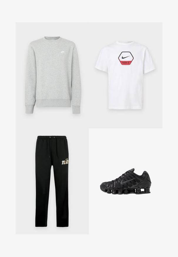 Grijze sweatvest gemaakt van zacht fleece materiaal, met geribde manchetten en zoom, en een klein wit Nike-logo op de borst.; Witte Nike T-shirt met korte mouwen met een rood-zwart hexagonaal logo met de Nike-swoosh en merknaam op de borst.; Zwarte sweatpants van zachte stof, voorzien van een elastische tailleband met trekkoorden, taps toelopende pijpen en een goud geborduurd "nike"-logo.; Zwarte sportschoenen gemaakt van mesh en synthetische materialen, met een opvallend golvend ontwerp, zwarte rubberen zool en reflecterende accenten.