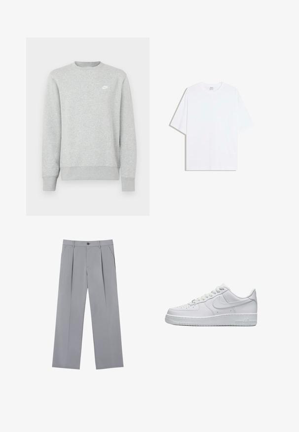 Grauer Sweatshirt aus weichem Fleece-Material, mit gerippten Bündchen und Saum sowie einem kleinen weißen Nike-Logo auf der Brust.; Weißes, übergroßes Baumwoll-T-Shirt mit rundem Ausschnitt und kurzen Ärmeln; glatte Textur, keine sichtbaren Muster oder Akzente.; Grau gefaltete Hose mit entspannter Passform, aus leichtem Stoff gefertigt. Verfügt über Vordertaschen und einen Knopfverschluss an der Taille.; Ganz in Weiß gehaltener Low-Top Nike Air Force 1 Sneaker mit perforierter Zehenkappe, Schnürverschluss und geprägtem Nike-Swoosh an der Seite.