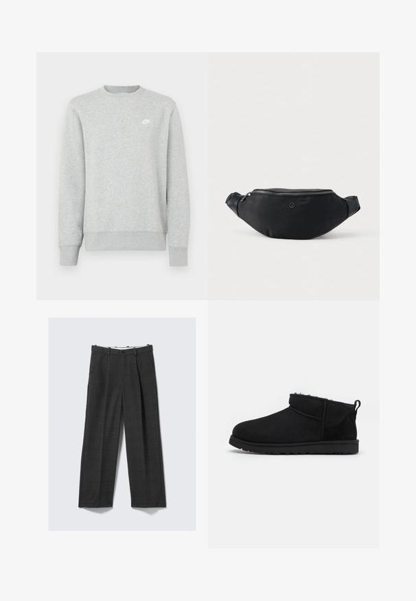 Grijze sweatvest gemaakt van zacht fleece materiaal, met geribde manchetten en zoom, en een klein wit Nike-logo op de borst.; Zijde-brede, donkergrijze broek met een geruit patroon, vervaardigd uit een gestructureerde stof. Voorzien van een knoopsluiting en twee zijzakken.; Zwarte suède enkellaarsjes met een zachte, gestructureerde voering, een lage rubberen zool en een lus aan de achterkant voor gemakkelijk aantrekken.; Zwarte nepdelen heuptas met leren accenten, zilveren ritssluiting en een klein cirkelvormig logo aan de voorkant, weergegeven tegen een witte achtergrond.