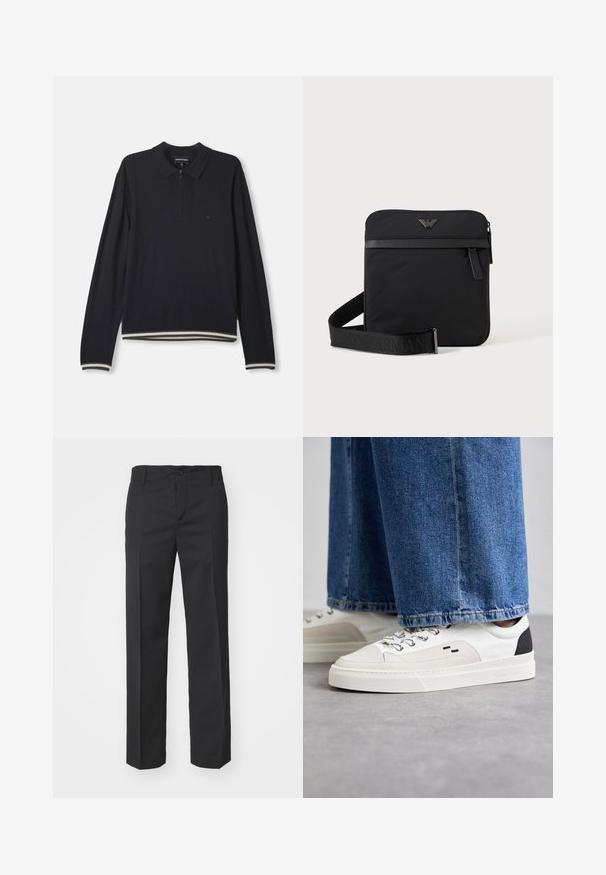 Marineblå langærmet polo jumper med halvlynlås, ribbede manchetter, stribet nederste kant og lille broderet logo på brystet.; Filippa K TROY TROUSERS - Bukser - black; Hvide og sorte sneakers med en glat læderoverdel, teksturerede detaljer og en kraftig hvid sål. Har et klassisk snørebåndsdesign.; Sort firkantet skuldertaske med lynlås, frontlomme og justerbar rem med præget brandnavn.
