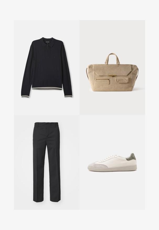 Suéter de polo de manga larga en color navy con media cremallera, puños acanalados, dobladillo a rayas y pequeño logo bordado en el pecho.; Filippa K TROY TROUSERS - Pantalones - black; Zapatilla blanca de caña baja con detalles de ante gris claro en la puntera y el talón, cordones blancos y una suela plana beige, vista desde el lado exterior.; Bolsa de fin de semana beige de pana con doble asa, cierre de solapa, bolsillo frontal con cremallera y pequeño bolsillo con solapa sobre fondo blanco.