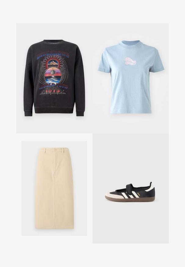 Sort sweatshirt med et grafisk design, der har teksten "BILLABONG WORLD TOUR 1973", bjerge og himmelske elementer i flere farver.; Lyseblå bomulds T-shirt med korte ærmer og høj halsudskæring, prydet med et lille pink broderet skaldesign på forsiden.; Beige knælang nederdel lavet af et robust stof, med en frontknaplukning og subtil vertikal sømdetaljering.; Sort og beige sko med velcrolukning, tre hvide striber på siden og en tekstureret brun gummisål. Mærkelogo er synligt.