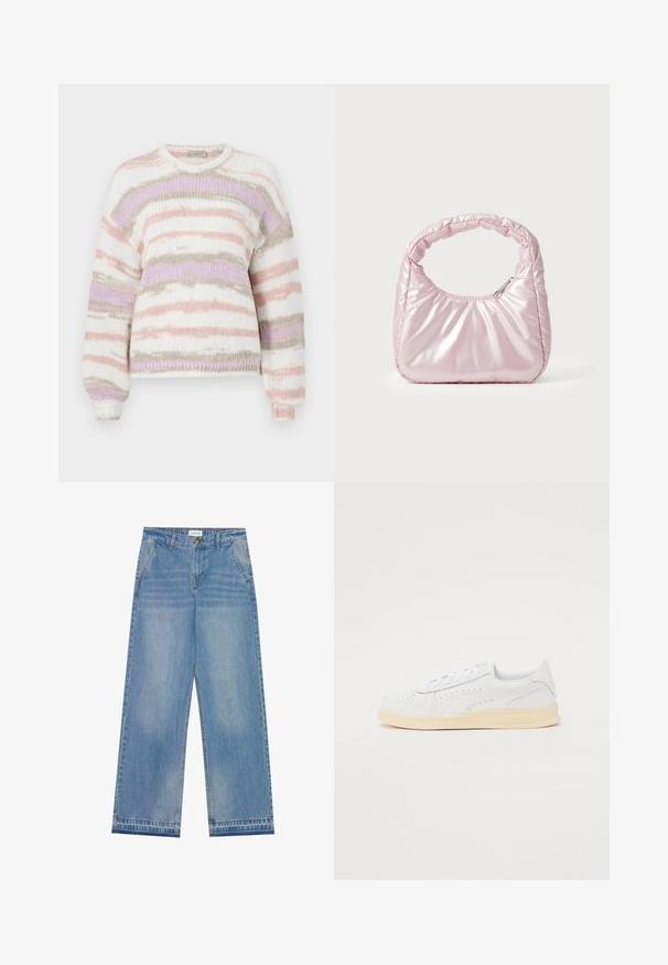 Pull en maille douce, motif rayé dans des tons pastel de rose, violet et beige, avec un col rond et des poignets côtelés.; Jean large taille haute bleu clair avec fermeture à bouton, poches avant, passants de ceinture et détails légèrement décolorés.; Baskets avec une tige en synthétique blanc, design perforé, lacets plats et semelle en caoutchouc crème. Présente un logo sur le talon et le côté.; Sac à main rose rembourré avec un design arrondi, fabriqué à partir d'un matériau brillant. Dispose d'une poignée froncée et d'une fermeture éclair pour un accès sécurisé.