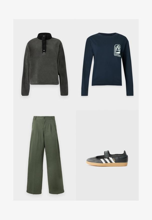 Sudadera de polar verde oscuro con un alto cuello negro, que cuenta con una lengüeta de botones a presión y un tejido texturizado para abrigar.; Camisa de manga larga azul marino con cuello redondo y un logo de flor blanca con texto "Quiksilver" en el pecho izquierdo.; Pantalones verdes de pierna ancha hechos de algodón, con cierre de botones, detalle de pliegues en el frente y textura suave con dobladillo recto.; Zapatilla de deporte de cuero negro y ante con una correa de Velcro, que presenta tres rayas blancas y una suela de goma, etiquetada "SAMBA" en el lateral.