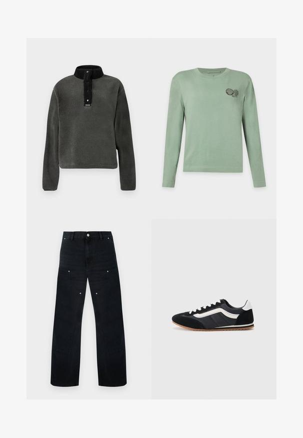 Sudadera de polar verde oscuro con un alto cuello negro, que cuenta con una lengüeta de botones a presión y un tejido texturizado para abrigar.; Camisa de manga larga verde claro con cuello redondo y pequeño diseño botánico verde oscuro en la parte superior izquierda del pecho.; Pantalones de mezclilla negros de pierna ancha con cintura alta, con costuras discretas, dos bolsillos delanteros y detalles de herrajes metálicos.; Zapato deportivo negro con parte superior de ante y textil, detalles en blanco, seis ojales y suela de goma. Diseño elegante con un perfil bajo.
