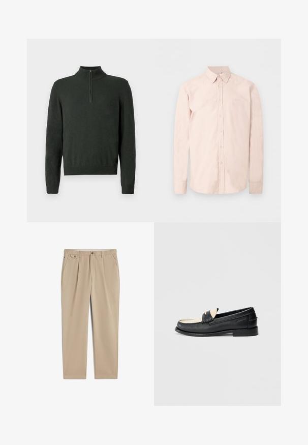 Mørkegrøn langærmet sweater med halv lynlås krave og ribbede manchetter samt kant på en ensfarvet baggrund.; Lyserød langærmet skjorte med knapper, spidset krave, diskret logo på brystet og knaphulsmanchetter på en ensfarvet hvid baggrund.; Beige bukser med lige ben, bæltestropper, knaplukning og lynlås foran, sidelommer og plisseret detalje nær taljen.; Sort lædersko med beige detaljer, dekorative syninger, firkantet tå, diskrete metaldele og flad sål; glat tekstur.