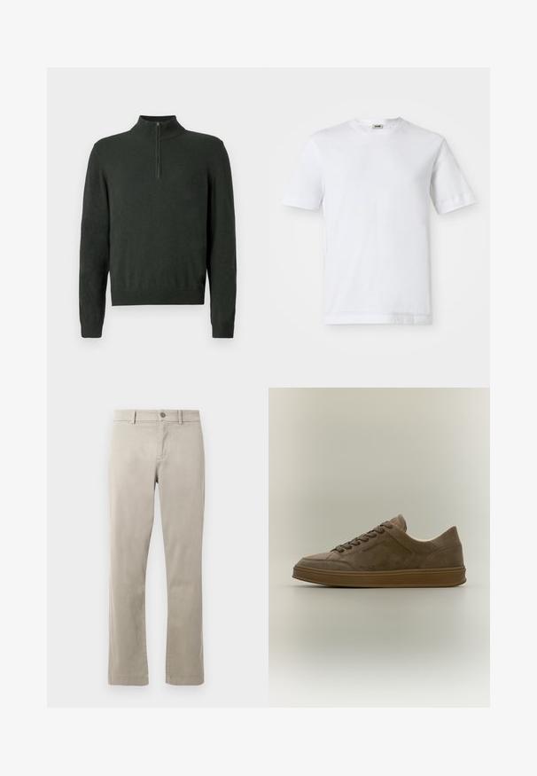 Dunkelgrüner Langarm-Pullover mit halbem Reißverschlusskragen sowie gerippten Bündchen und Saum auf einem schlichten Hintergrund.; Weißes Baumwoll-T-Shirt mit kurzen Ärmeln, Rundhalsausschnitt und glatter Textur. Keine Muster oder Akzente sind sichtbar.; Beige Baumwoll-Chinos mit geradem Bein, ausgestattet mit einem Knopfverschluss und Vordertaschen. Glatte Textur mit dezenten Nähten.; Brauner Wildleder-Low-Top-Sneaker mit brauner Gummisohle und Schnürsenkeln, seitlich auf einem neutralen Hintergrund gezeigt.