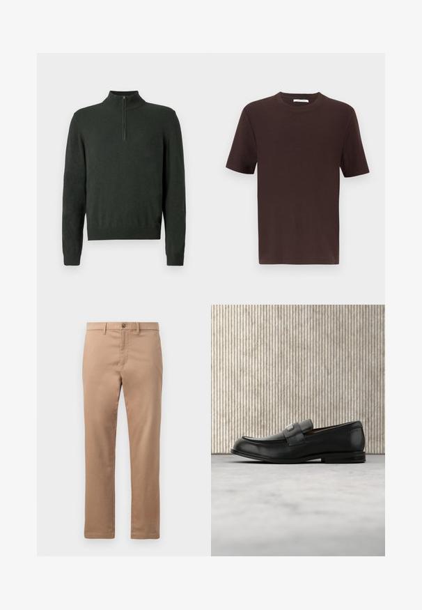 Dunkelgrüner Langarm-Pullover mit halbem Reißverschlusskragen sowie gerippten Bündchen und Saum auf einem schlichten Hintergrund.; Ein schlichtes, dunkelbraunes T-Shirt mit kurzem Arm und Rundhalsausschnitt, präsentiert auf einem weißen Hintergrund.; Beige Chinos aus Baumwolle mit glatter Textur, ausgestattet mit einem Reißverschluss und einem Knopfverschluss. Gerader Beinschnitt, ohne sichtbare Muster oder Akzente.; Schwarzer Lederloafer mit einer Metallmarkenplatte, der nahe einem braunen runden Tisch auf beigem Teppichboden ruht.