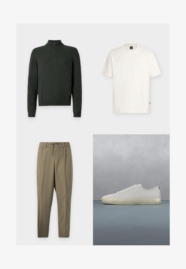Pull à manches longues vert foncé avec col zippé mi-hauteur et bords côtelés sur un fond uni.; T-shirt blanc à manches courtes avec col rond, logo embossé discret sur la poitrine et petite étiquette noire sur la couture latérale.; Pantalon en velours côtelé taupe avec taille élastique, passants de ceinture et cordon de serrage, coupe droite sur fond blanc uni.; Baskets en cuir blanc avec lacets flottant au-dessus de carreaux en bois carrés et de petits cailloux, avec un arbre et un fond gris.