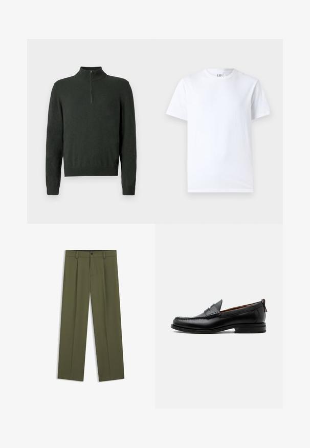 Mørkegrøn langærmet sweater med halv lynlås krave og ribbede manchetter samt kant på en ensfarvet baggrund.; Hvid bomulds t-shirt med rund halsudskæring og korte ærmer. Enkel design uden mønstre eller grafik, med GAP branding på kraven.; Olivengrønne bukser med lige ben, bæltestropper, en knap foran og lynlås, vist fladt mod en hvid baggrund.; Sort læder herre loafer med moc-tå syning, penny strop, struktureret krave og lav stablet hæl på hvid baggrund.