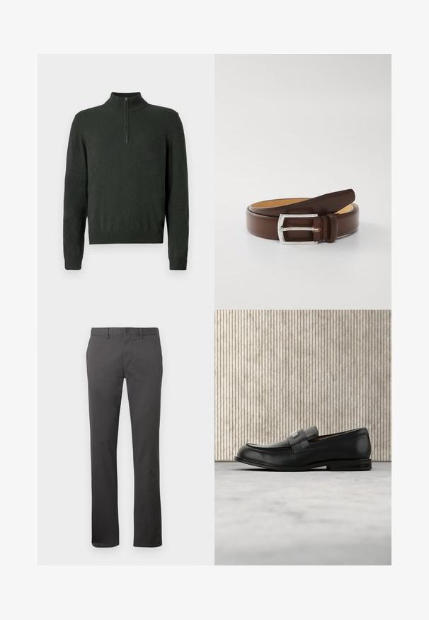 Mørkegrøn langærmet sweater med halv lynlås krave og ribbede manchetter samt kant på en ensfarvet baggrund.; Sorte bukser lavet af glat stof. Har et klassisk design med lige ben, knaplukning og sidelommer. Enkle og alsidige.; Sort læderloafer med metalbrandskilt hvilende nær et brunt rundt bord på beige tæppe.; Brun læderbælte med en sølvmetalknap. Designet har en glat overflade og en klassisk form, med et lysere læderinteriør.