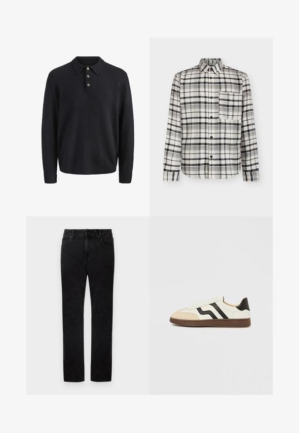 Mørkeblå langærmet strikket sweater med krave og tre knapper ned foran.; Skjorte med knaplukning i sort og hvidt ternet mønster; lange ærmer, enkelt brystlomme og klassisk krave, lavet af blødt stof.; Sorte denimjeans med lige ben, udstyret med bæltestropper, forlommer og knaplukning. Stoffet er glat med en let stretch.; Hvid læder sneakers med sorte striber og tan ruskind tækkappe. Gummisål i mørkebrun. Snørebånd og polstret krave fuldender designet.