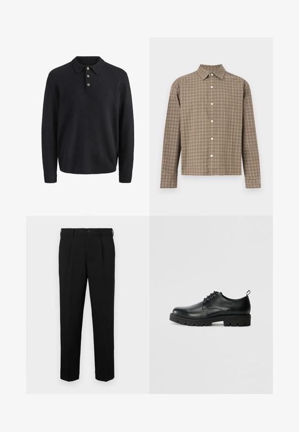 Mørkeblå langærmet strikket sweater med krave og tre knapper ned foran.; Langærmet skjorte med knapper, i brunt og beige ternet mønster, klassisk krave og hvide knapper ned foran.; Sorte bukser med lige pasform, der har en knaplukning, bæltestropper, sidefolder og en glat overflade. Ingen synlige lommer.; Sort læder sko med en rund tå, der har snørelukning, solid sort gummisål og en lille hælflap bagpå.