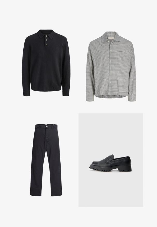Mørkeblå langærmet strikket sweater med krave og tre knapper ned foran.; Hvid langærmet skjorte med knapper og sort ternet mønster og spids krave, lagt fladt på en lys baggrund.; Sorte bukser med lige ben, lukkes foran med knap og lynlås, bæltestropper og forlommer, vist på en hvid baggrund.; Sorte læder loafers med en rund tå, prydet med en dekorativ rem og en kraftig gummisål med dybe riller for grip.