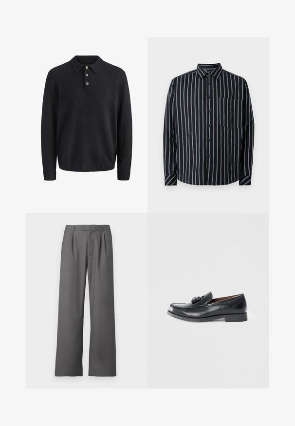 Mørkeblå langærmet strikket sweater med krave og tre knapper ned foran.; Sort button-up skjorte med blå lodrette striber, lange ærmer, krave og en brystlomme. Glat stof, afslappet pasform, standard knapper.; Grå vide benbukser lavet af glat stof, med en plisseret front, sidelommer og en skrædderlavet talje med bæltestropper.; Sorte læderloafers med moccasin-design, dekorativ syning, en forhøjet detalje på forsiden og en lavprofil sål.