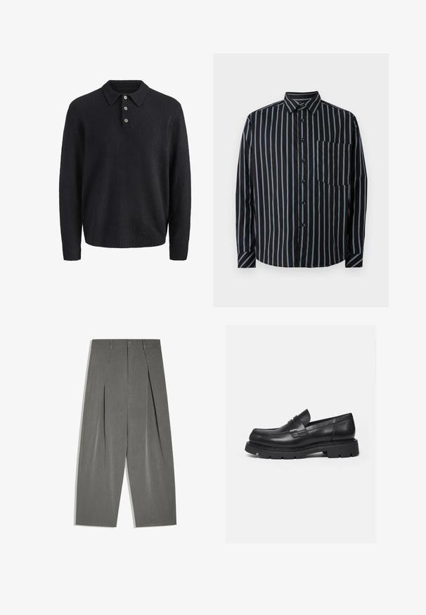 Mørkeblå langærmet strikket sweater med krave og tre knapper ned foran.; Sort button-up skjorte med blå lodrette striber, lange ærmer, krave og en brystlomme. Glat stof, afslappet pasform, standard knapper.; Grå brede, skræddersyede bukser med forreste folder, knaplukning og bæltestropper, lagt fladt på en hvid baggrund.; Sort læderloafer med tyk rillede sål og penny-remdetalje, vist i højre sideprofil på hvid baggrund.