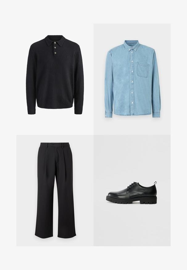 Pull en tricot bleu marine foncé à manches longues avec un col et trois boutons sur la patte de boutonnage avant.; Chemise en denim bleu clair à manches longues avec col boutonné, poche poitrine avant, et boutons blancs au centre et aux poignets.; Pantalons larges noirs en tissu lisse, dotés d'un pli avant, d'une fermeture par bouton et de poches latérales.; Chaussure en cuir noir à bout arrondi, présentant un design à lacets, une semelle en caoutchouc noire robuste et un petit onglet de talon à l'arrière.