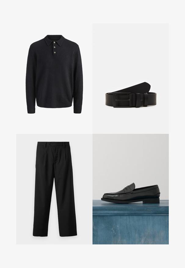 Mørkeblå langærmet strikket sweater med krave og tre knapper ned foran.; Sorte bukser med lige pasform, der har en enkelt knaplukning, to for-lommer og en glat, let stofstruktur.; Sorte læderloafers med et slankt design, der har syning ved tåen og en glat finish. Skoen har en lav hæl og minimal udsmykning.; Sort læderbælte rullet med en mat sort rektangulær metalspænde og to bæltesløjfer på en hvid baggrund.