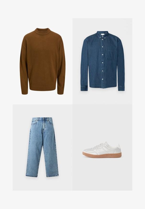 Brun strikket sweater med ribbede kanter ved hals og ærmer, der har en afslappet pasform og struktureret stof. Enkelt design uden mønstre.; Mørkeblå denimskjorte med knapper, lange ærmer, en forlommer til venstre og en knaplukket krave, vist på en hvid baggrund.; Lyseblå denimjeans med høj talje, brede, lige ben, forreste knapper, lynlås og fem-lommers design.; Sølv sneakers med en glat overflade, snørebånd, perforerede detaljer og en struktureret brun gummi sål.