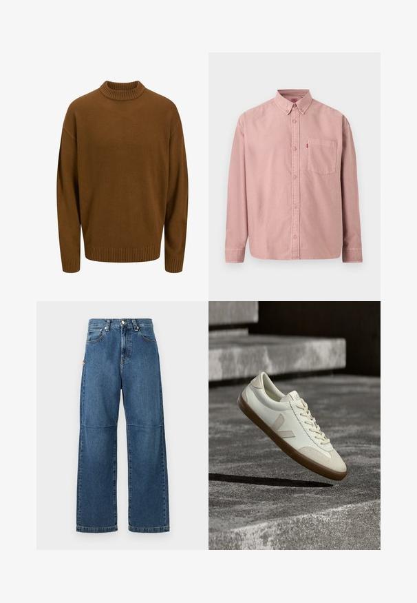Pull en laine marron avec un col et des poignets côtelés, offrant une coupe décontractée et un tissu texturé. Design simple sans motifs.; Chemise rose à manches longues avec boutons, poche avant et col boutonné, présentée sur un fond uni.; Jeans en denim bleu avec une coupe relaxée, des jambes droites, des coutures visibles et une fermeture à bouton à l'avant. Comprend une poche latérale avec un accent.; Baskets en cuir blanc avec semelle en caoutchouc beige, lacets plats et accent en forme de V sur le côté. Présentent une surface lisse et peu de détails de couture.