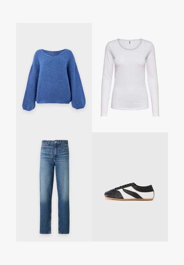 Jersey azul de punto con escote en V, mangas largas de globo y un patrón texturizado. Tejido suave con un corte relajado, que cuenta con puños acanalados.; Camiseta blanca de manga larga hecha de una tela suave, con un escote redondo y un corte ajustado. Textura lisa sin patrones ni adornos.; Good American GOOD BARREL - Vaqueros rectos - indigo; Zapatilla en blanco y negro con un diseño curvado, fabricada en cuero, con una puntera negra texturizada y una suela de goma color marrón.