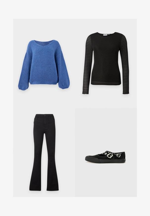 Jersey azul de punto con escote en V, mangas largas de globo y un patrón texturizado. Tejido suave con un corte relajado, que cuenta con puños acanalados.; Top negro de manga larga hecho de tela texturizada con un patrón de cuadrícula. Presenta un escote redondo y una silueta ajustada.; Vaqueros acampanados negros hechos de mezclilla con una textura suave. Detalle notable incluye pequeños adornos con tachuelas en la parte delantera. Cierre de botón en la cintura.; Vans MARY JANE - Bailarinas - black