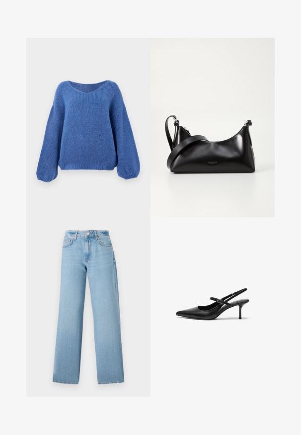 Jersey azul de punto con escote en V, mangas largas de globo y un patrón texturizado. Tejido suave con un corte relajado, que cuenta con puños acanalados.; Jeans de pernera ancha de color azul claro, confeccionados en denim, con una cintura alta, diseño de cinco bolsillos y cierre de botón con cremallera.; Zapatos de tacón slingback de cuero negro con punta afilada, correa ajustable delgada y un tacón de aguja de aproximadamente 5 cm, textura suave.; Bolso de mano de cuero negro con una textura suave. Cuenta con una correa ajustable y un diseño elegante y minimalista con cierre de cremallera.