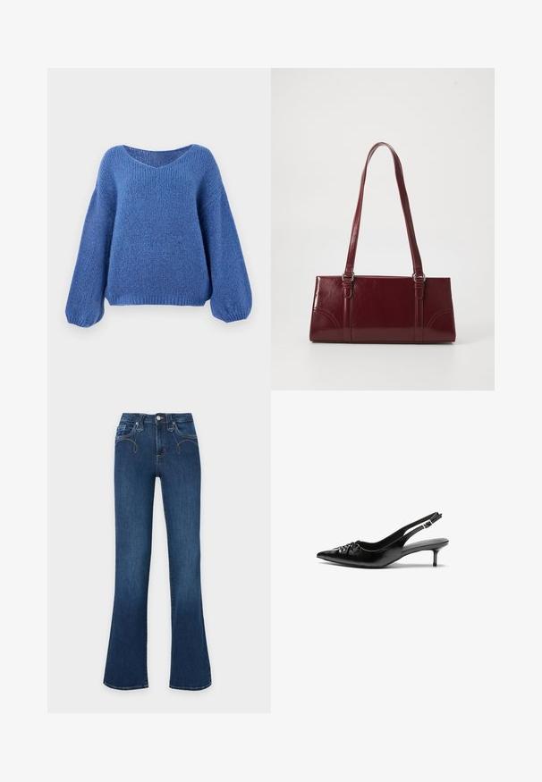 Blå strikket sweater med v-hals, lange ballonærmer og et struktureret mønster. Blødt stof med en afslappet pasform, der har ribbede manchetter.; Mørkeblå denimjeans med høj talje, knapper og lynlås foran samt vide ben.; Sorte læder slingback-pumps med spids tå, lav kitten-hæl og rynket detalje på overdelen. Glat tekstur og minimalistisk design.; Bordeaux håndtaske lavet af glansfuldt materiale, rektangulær form, med to skulderremme og subtile buede detaljer på forsiden.