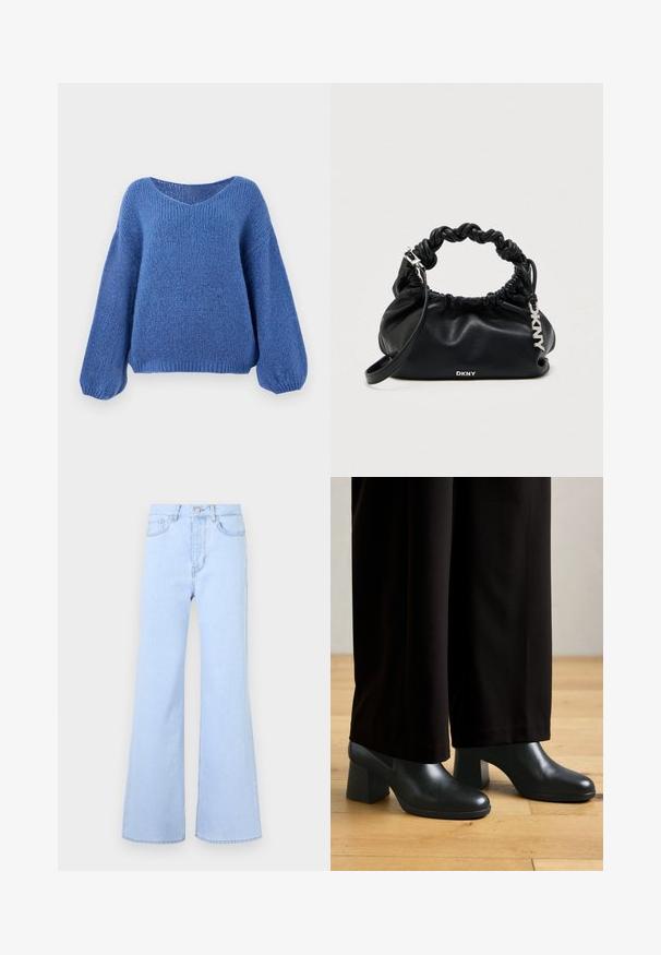 Blå strikket sweater med v-hals, lange ballonærmer og et struktureret mønster. Blødt stof med en afslappet pasform, der har ribbede manchetter.; Lyseblå flagrende jeans med høj talje, der har fem lommer, knaplukning og en glat denimstruktur. Kanten er pænt syet.; Sorte læder støvler med hæl, rund tå og blokhæl, parret med løse sorte bukser, sat mod en baggrund af trægulv.; Sort læderhåndtaske med et rykket design, snoet håndtag og sølvfarvet hardware. Har præget logo på forsiden.