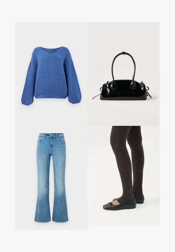 Blå strikket sweater med v-hals, lange ballonærmer og et struktureret mønster. Blødt stof med en afslappet pasform, der har ribbede manchetter.; Lyseblå denim flare jeans med forlommer, bæltestropper og knaplukning mod en hvid baggrund.; Ben iført mørke ribbede leggings kombineret med sorte balletsko med små sløjfedetaljer på hvid baggrund.; Lille sort blank håndtaske med to lange håndtag og snøre-detaljer i siden på en ensfarvet lys baggrund.