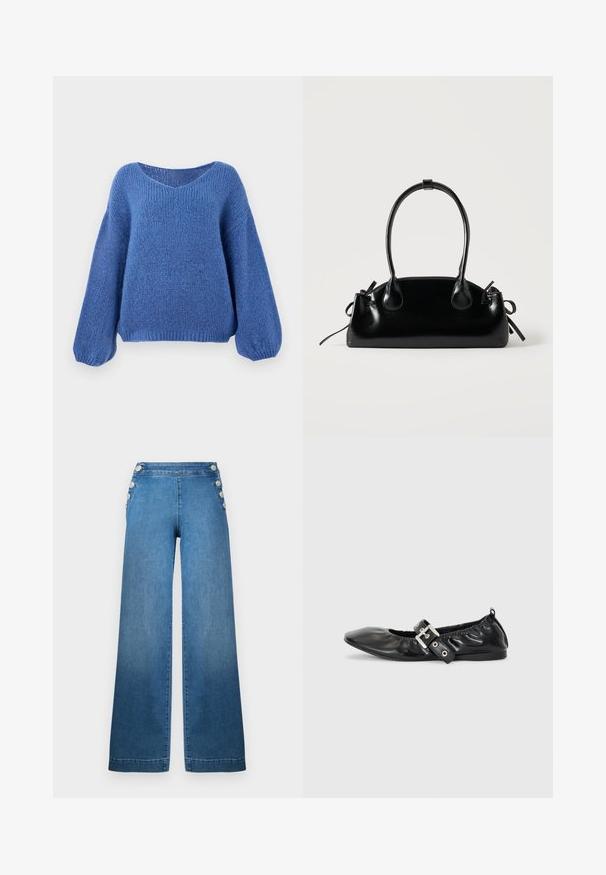 Jersey azul de punto con escote en V, mangas largas de globo y un patrón texturizado. Tejido suave con un corte relajado, que cuenta con puños acanalados.; Pantalones de mezclilla azul de pernera ancha con cintura alta, acentos laterales abotonados y bajo recto. La tela tiene una textura suave con ligero desgaste.; Zapato plano de piel negra con puntera afilada, detalle fruncido alrededor de la abertura y un acento de hebilla plateada en la correa ajustable.; Pequeño bolso negro brillante con dos asas largas y detalles de cordón lateral sobre un fondo claro liso.
