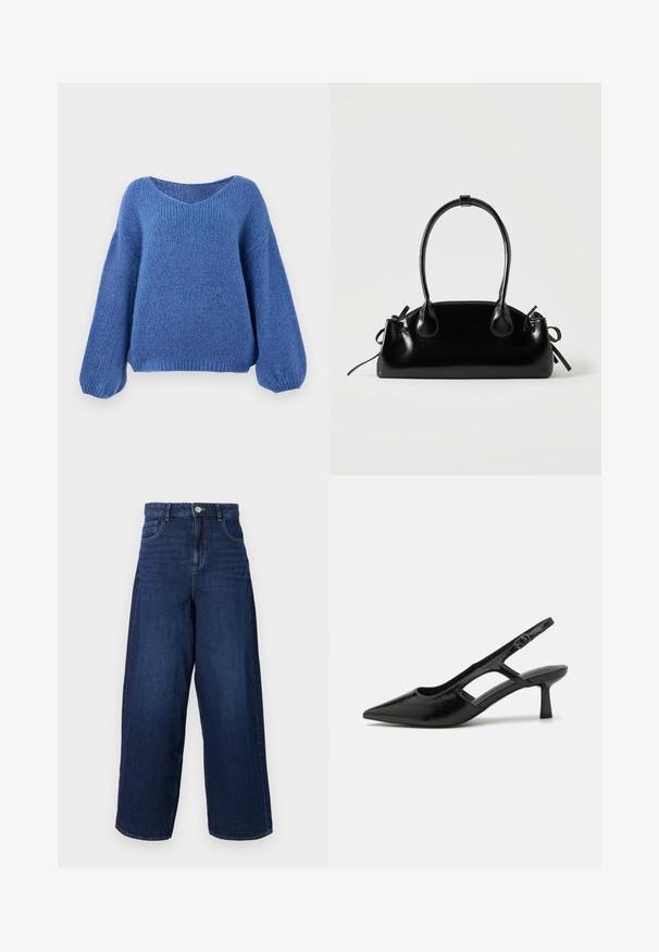 Pull en laine bleu avec un col en V, des manches longues bouffantes et un motif texturé. Tissu doux avec une coupe décontractée, doté de poignets côtelés.; Jean en denim bleu foncé à jambes larges, taille haute, cinq poches et fermeture à bouton. Le tissu a une texture lisse avec un léger délavage.; Escarpins noirs à talon ouvert avec un embout pointu, fabriqués en matériau brillant, présentant des accents découpés et un talon modéré pour un bon soutien.; Petit sac à main noir brillant avec deux longues anses et des détails à cordon sur les côtés sur un fond clair uni.