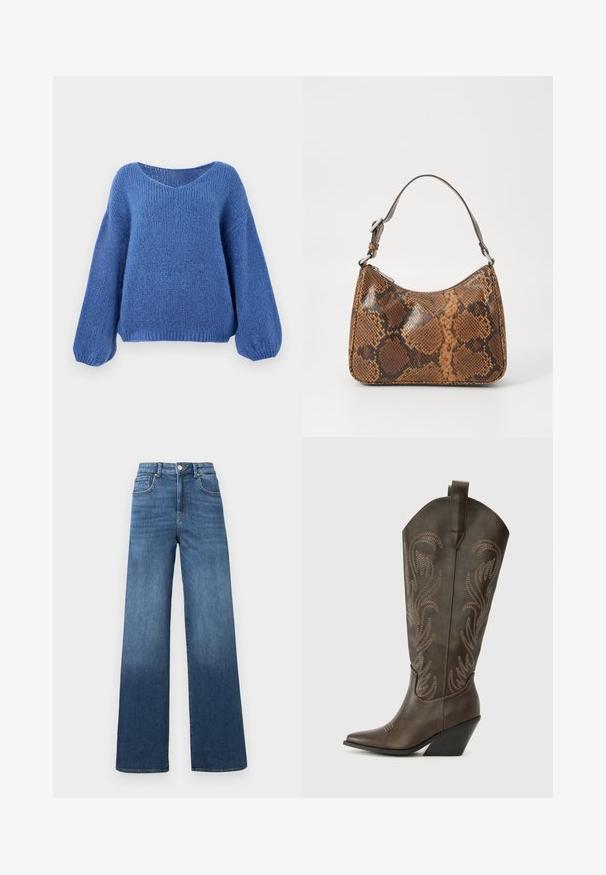 Blå strikket sweater med v-hals, lange ballonærmer og et struktureret mønster. Blødt stof med en afslappet pasform, der har ribbede manchetter.; Bredbukser i denim i medium blå med en gradvis lysnende effekt mod kanten, som har en standard knap- og lynlåslukning.; Brune læder cowboystøvle med spids tå, kilehæl og dekorativ broderi. Har en høj stok og en trækflap.; Lille håndtaske med brun og sort slangeskinn mønster, kort justerbar rem og lynlåslukning.