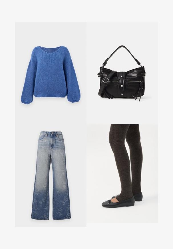 Blå strikket sweater med v-hals, lange ballonærmer og et struktureret mønster. Blødt stof med en afslappet pasform, der har ribbede manchetter.; Store bukser i lyseblå denim med sølvfarvede stjernemønstre. Høj talje med knaplukning og klassisk fem-lomme-design.; Ben iført mørke ribbede leggings kombineret med sorte balletsko med små sløjfedetaljer på hvid baggrund.; Even&Odd H24462 - Håndtasker - black