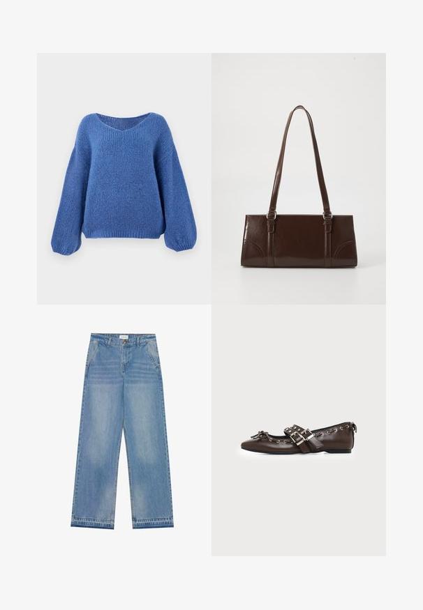 Jersey azul de punto con escote en V, mangas largas de globo y un patrón texturizado. Tejido suave con un corte relajado, que cuenta con puños acanalados.; Jeans de pierna ancha de cintura alta en azul claro con cierre de botón, bolsillos frontales, pasadores para cinturón y un sutil desgaste.; Zapato plano de cuero marrón oscuro con puntera puntiaguda, doble hebilla plateada, ojales metálicos y lazo decorativo en la parte delantera.; Bolso de mano de piel sintética marrón con forma rectangular, dos asas largas y sutiles acentos curvados en la parte delantera.