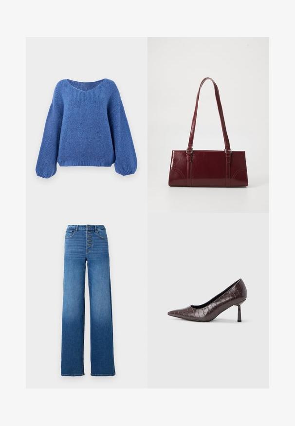 Blå strikket sweater med v-hals, lange ballonærmer og et struktureret mønster. Blødt stof med en afslappet pasform, der har ribbede manchetter.; Vidde denim jeans i blå med høj talje og fem knaplukninger. Har klassisk syning og en ren kant.; Brune kunstlæder stiletter med spidse tæer og krokodilletekstur, der har en slank, vinklet hæl og en glat inderside.; Bordeaux håndtaske lavet af glansfuldt materiale, rektangulær form, med to skulderremme og subtile buede detaljer på forsiden.