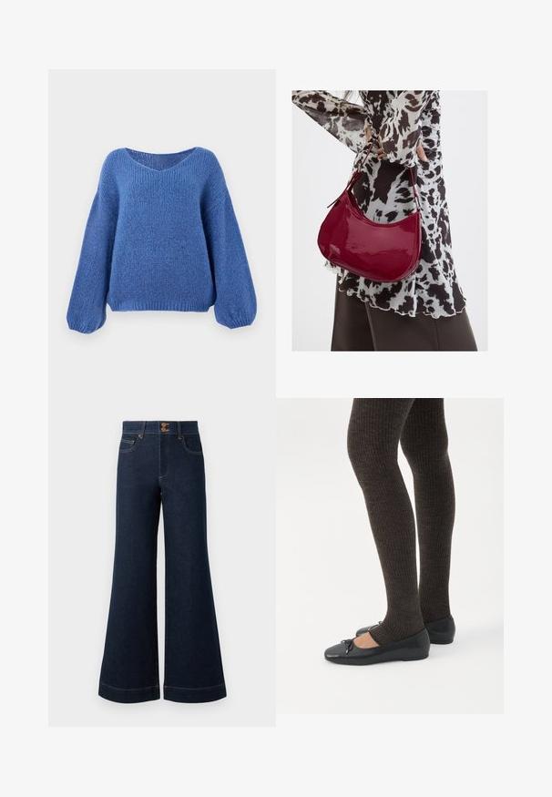 Blå strikket sweater med v-hals, lange ballonærmer og et struktureret mønster. Blødt stof med en afslappet pasform, der har ribbede manchetter.; Mørkeblå denim jeans med bred flare, høj talje, forlommer og kontrastfarvet guldtråd. Har dobbelt knaplukning.; Ben iført mørke ribbede leggings kombineret med sorte balletsko med små sløjfedetaljer på hvid baggrund.; Kvinde iført en sort- og hvidmønstret bluse, der holder en blank rød skuldertaske mod en ensfarvet baggrund.