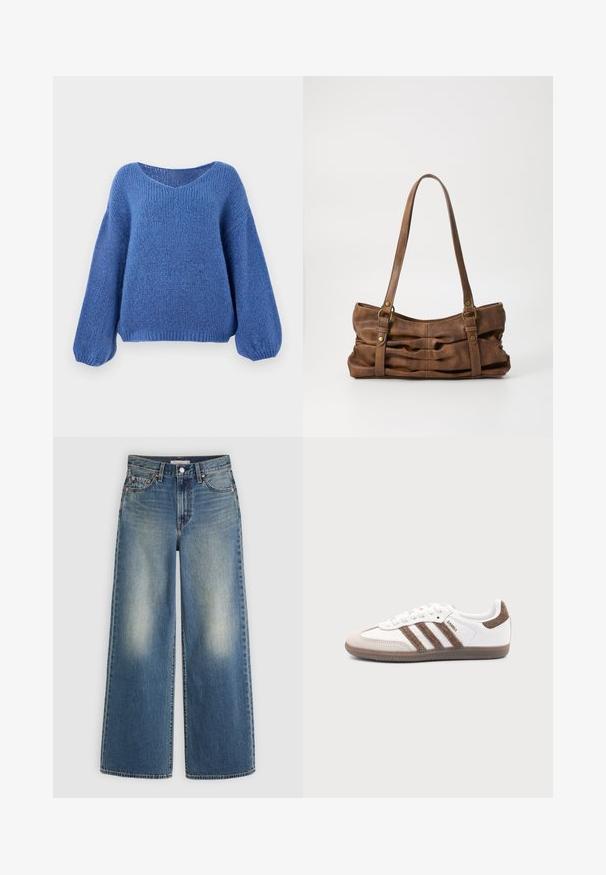 Pull en laine bleu avec un col en V, des manches longues bouffantes et un motif texturé. Tissu doux avec une coupe décontractée, doté de poignets côtelés.; Jean en denim bleu à jambes larges avec des taches délavées sur les cuisses, fermeture à boutons, passants de ceinture et poches avant sur un fond uni clair.; Baskets Adidas Samba blanches avec des bandes en daim marron, semelle en caoutchouc marron et bout en daim beige, vues du côté extérieur sur un fond uni.; Even&Odd by Zalando Sac à main - brown