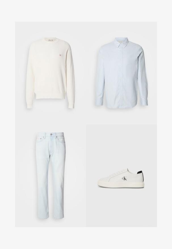 Pull en tricot blanc à manches longues et col rond, avec des poignets et un ourlet côtelés, comportant un petit patch logo Calvin Klein sur la poitrine gauche.; Chemise boutonnée bleu clair en coton, dotée de manches longues, d'un col et d'un petit logo sur la poitrine. Texture lisse, coupe standard.; Jean en denim bleu clair avec une coupe droite. Présente une fermeture à bouton et des passants de ceinture, mettant en valeur une texture décolorée et des coutures minimalistes.; Baskets en cuir blanc avec un bout arrondi, semelle en caoutchouc plate et accent de talon noir. Présente un logo Calvin Klein noir prominent sur le côté.