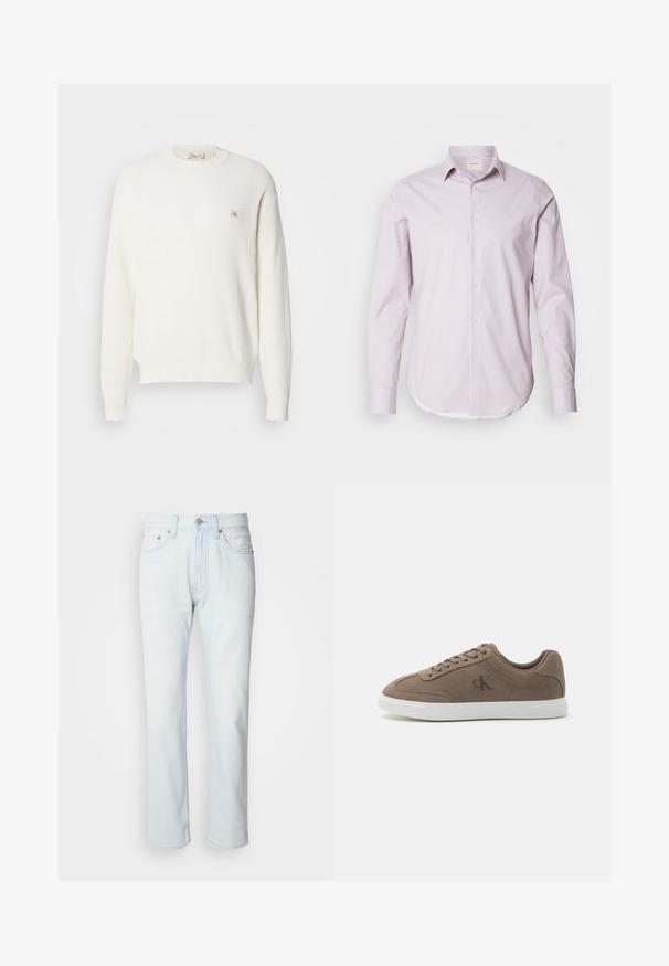 Biely pletený sveter s dlhým rukávom a okrúhlym výstrihom s rebrovanými manžetami a lemom, s malou nášivkou loga Calvin Klein na ľavom prsníku.; Svietlo ružová košeľa s dlhým rukávom a malými bielymi bodkami, s golierom na gombíky a zaobleným lemom. Vyrobená z hladkej tkaniny s jemným leskom.; Svetlomodré riflové nohavice so strihom rovného nohavice. Majú gombíkový uzáver a pútka na opasok, pričom preukazujú vyblednutú štruktúru a minimálne šitie.; Nízke tenisky z semišu v farbe taupe s béžovými šnúrkami, bielou gumovou podrážkou a nenápadným logom "cK" na boku.